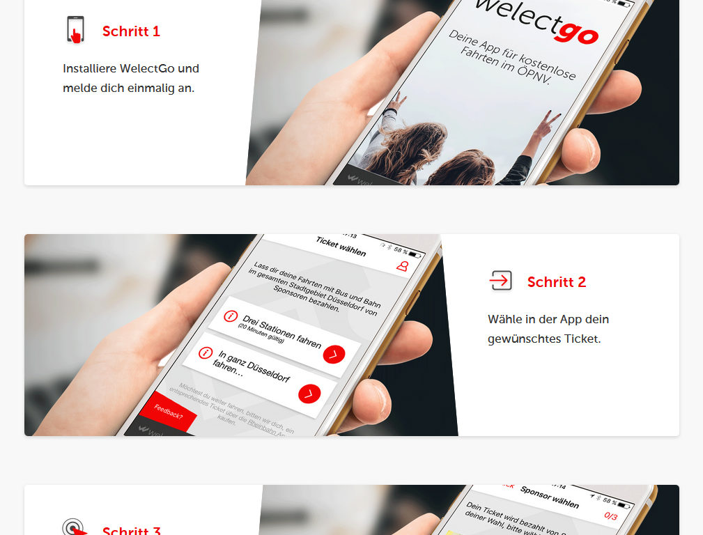Kostenlos mit der Rheinbahn durch Düsseldorf - WelectGo macht's möglich Die Internetseite von welect.de erklärt in wenigen Schritten, wie einfach die App "Welect Go" funktionieren soll. (Screenshot: welect.de)