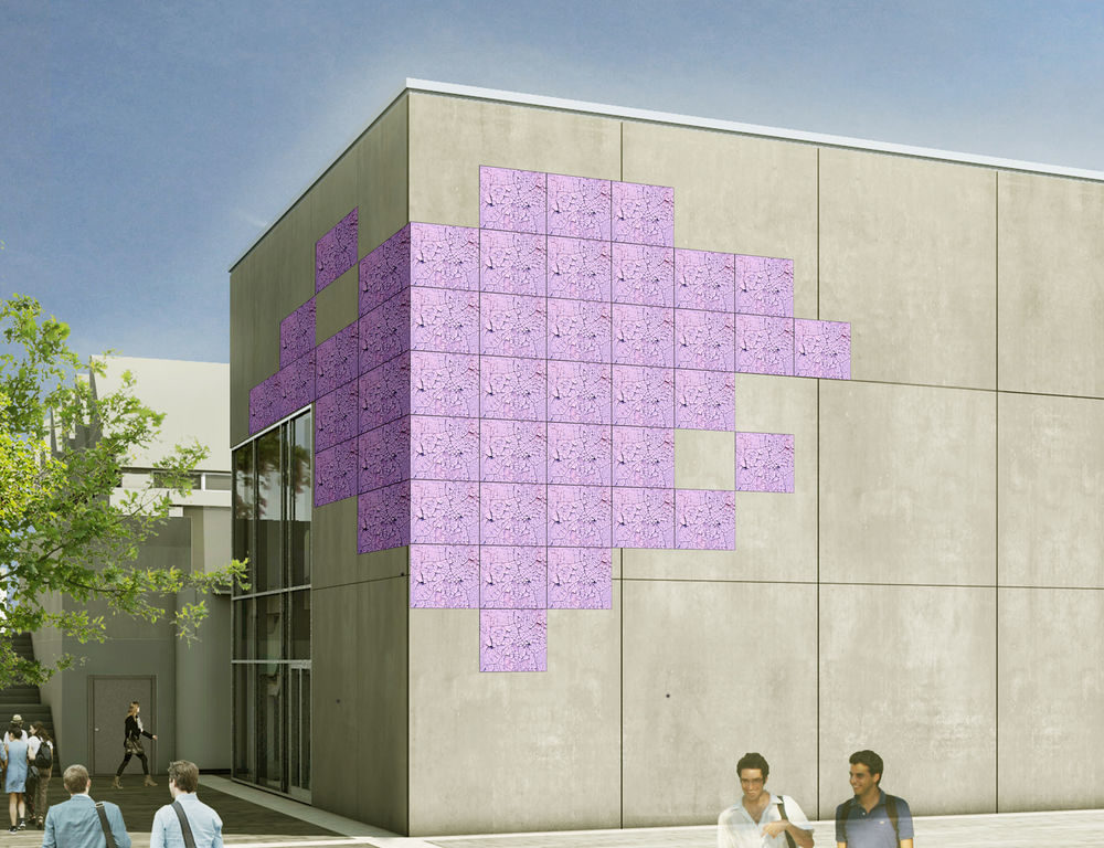 Kunst für das Friedrich-Rückert-Gymnasium So sieht die Fassade am Friedrich-Rückert-Gymnasium bald aus: Der Entwurf "Territories" der Künstlerin Nina Beier prangt in dieser Grafik bereits an der Fassade der Schule. (Grafik: Nina Beier)