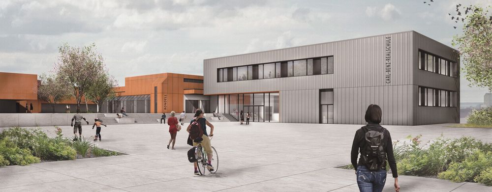 So soll der Neubau an der Carl-Benz-Realschule aussehen. (Animation des Erweiterungsbaus: Landeshauptstadt Düsseldorf/IPM)