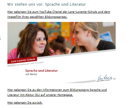 Zu jedem der 16 Bildungsgänge gibt es einen multimedialen Überblick. Bei "Sprache und Literatur" und vielen anderen auch Videos, die die Schüler*innen selbst gedreht haben. (Bild: Screenshot Lore-Lorentz-Schule) Zu jedem der 16 Bildungsgänge gibt es einen multimedialen Überblick. Bei "Sprache und Literatur" und vielen anderen auch Videos, die die Schüler*innen selbst gedreht haben. (Bild: Screenshot Lore-Lorentz-Schule)