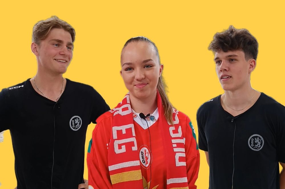 Was machen Eishockey-Spieler und Fans im Sommer? Alexander Blank (21), DEG-Fan Nina (13) und Bennet Roßmy (19) (v. l. n. r.) haben uns erzählt, was sie so im Sommer machen. (Foto: youpod / Vivian)