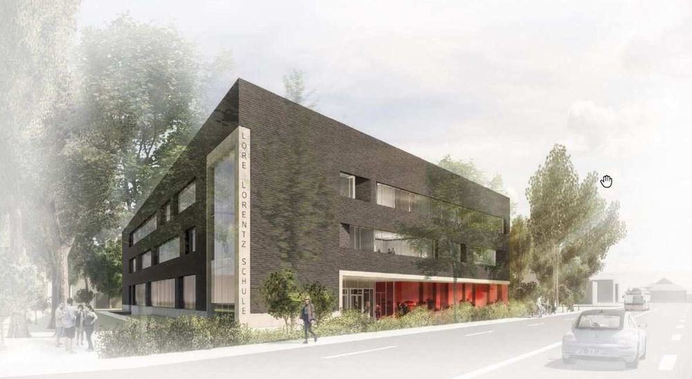 Und so wie auf der Animation soll der Neubau in Eller einmal aussehen. (Grafik: Landeshauptstadt Düsseldorf)