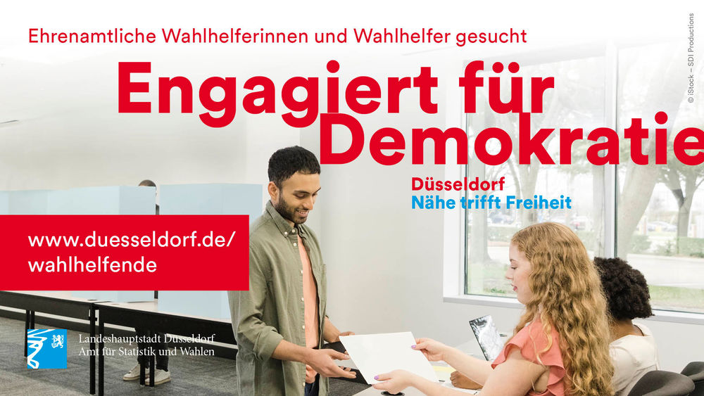 Setz dich ein: Wahlhelfende für die Europa-Wahl gesucht Für die Wahl zum Europäischen Parlament am 9. Juni 2024 werden noch Freiwillige gesucht, die dem Amt für Statistik und Wahlen helfen. (Grafik: Landeshauptstadt Düsseldorf)