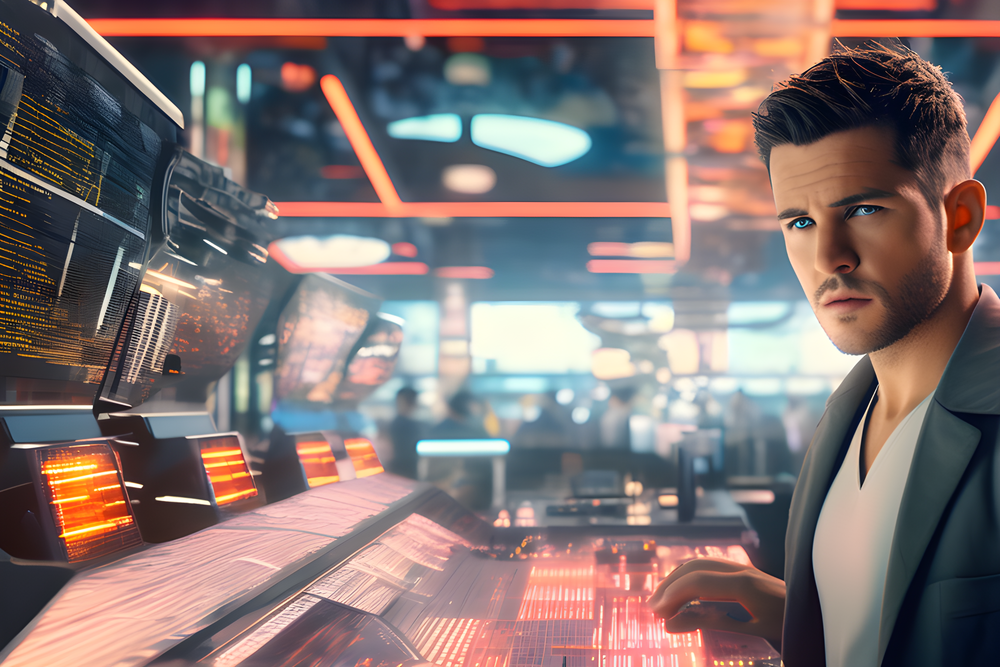 Journalismus im Wandel: Wie KI-Tools die Verlage erobern Ein fantasievolle Darstellung eines Journalisten, der mit KI arbeitet II erstellt mit PlaygroundAI