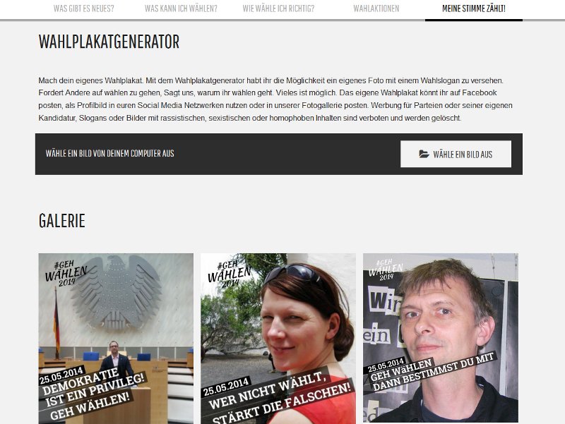 Mit dem Generator kann man eigene Bilder in Wahlplakate umwandeln. Screenshot gehwaehlen2014.de