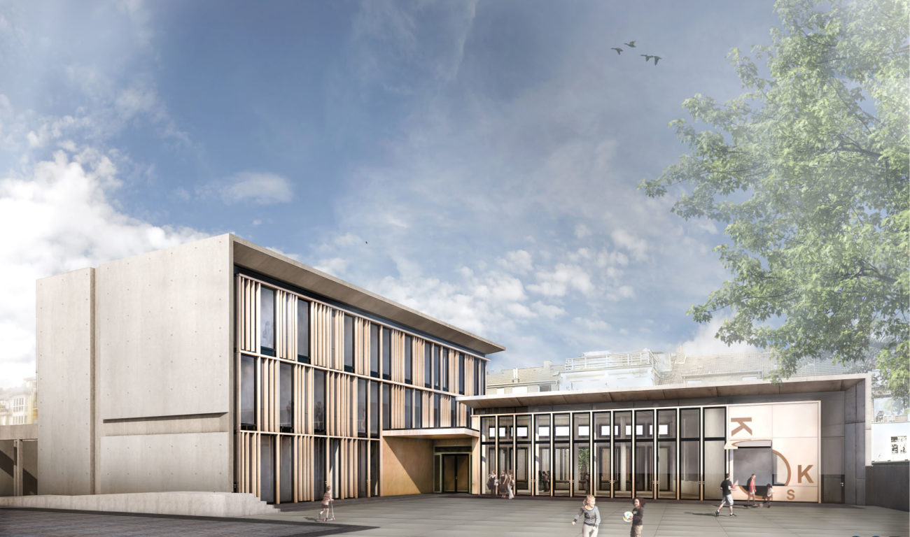 Animation des neuen Erweiterungsbaus, der an der Maria-Montessori-Gesamtschule entsteht (Bild: Landeshauptstadt Düsseldorf/IPM)